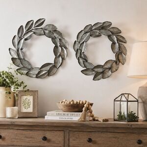 Galvanized Metal Leaf Wreath Wall Decor Farmhouse Rustic Botanical Set of 2